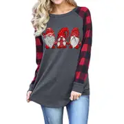 Women's Christmas Print Long Sleeve Plaid Top Jumper Sweater - Elves - Red