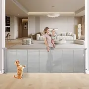 Retractable Baby Gate, One-Way Lock Mesh Dog Gate Tall 35”, Extends up to 150” Extra Wide Pet Gate and Safety Child Gate for Stairs,Grey