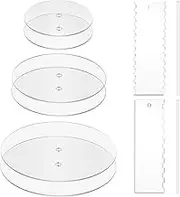 Ailaxq Acrylic Round Cake Discs Set 6.5”, 8.5”, 10.5” 2 Circles Each Size, Comb Icing Scraper, Edge Smoother Cream Scraper