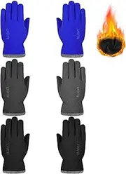 [SATINIOR] 3 Pairs Kids Fleece Gloves Full Thermal Fingers Gloves Cold Weather Warm Mittens Winter Soft Warm Gloves for Boys Girls Outdoors Activities Supplies, Black, Gray, Blue, mainly black, blue, gray, One Size