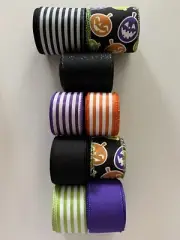 Lot 9 Halloween Stripes Jack-O-lantern Faces Dot Ribbon 4 Yds Ea 2.5” & 1.5” New
