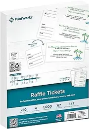 PrintWorks Printable Raffle Tickets with Tear-Away Stubs for Events & Fundraisers - 1000 Custom Tickets (Size 2.75" x 8.5") - 4 per Sheet - 250 Sheets (8.5" x 11") - Made in The USA - White (04295)