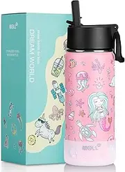 Mollcity 470M Stainless Steel Vacuum Insulated Wide Mouth Sports Water Bottle for Back to School-Reusable Metal Water Bottle Flask with Straw for Girls-Mermaid
