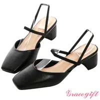 在飛比找momo購物網優惠-【Grace Gift】韓系方頭馬蹄跟鞋(黑)