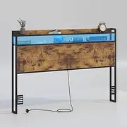 Ufurniture Headboard Queen Size with 2-Tier Storage,Industrial Headboards with Outlets, USB Ports and LED Light, Adjustable Height Back Suppor