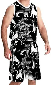 [KQNZT] Basketball Jersey with Shorts, Jersey Shorts Outfit Set, Mens Basketball Jerseys, Halloween Spider Web Black Cat Owl