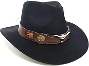 [TOLASTO] Cowboy Hat Western Style Women Men Chamois Leather Hat with Bull Head Applique & Adjustable Strap (56-58 cm) - Wide Brimmed Outback Hat for Festival, Gardening & Theme Parties (Black), black, M
