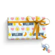 Names Personalized Birthday Gift Wrapping Paper w/ Pink Heart & Yellow Sun Print