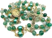 Nazareth Store Catholic Gold Rosary Necklace Matte Stone Beads Green Pearl Round Beads Miraculous Medal & Cross - Velvet Bag