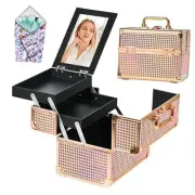 Makeup Train Case, Portable Makeup Case with Mirror, 2-Trays Colorful Pink