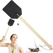 Long Handle Fly Swatter | Wooden Long Handle Handheld Fly Racket for Indoor Use - Hangable PU Leather Fly Racket Efficient Indoor Flying Catcher for Kitchen
