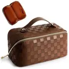 Large Capacity Travel Cosmetic Bag Plaid Checkered Makeup Bag Portable Leathe...