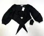 Aria Womens 100% Linen Black 3/4 Sleeve Crop Strap Front Wrap Top w Hair Tie XS