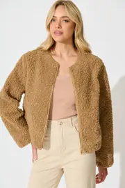 Look My Way Teddy Jacket Full Length Sleeve in Brown Mocha S/M