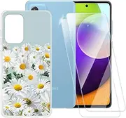 Daisy Flowers Pattern Case Compatible with Samsung Galaxy A52 5G + [2 Pack] Screen Protector Tempered Glass, Shockproof Case Cover for Samsung Galaxy A52 4G (6.5 inch)