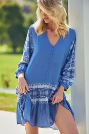 JAASE - Payson Mini Dress: Border Print Button Down Balloon Sleeve Dress in Eshana Print Blue
