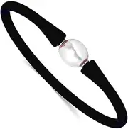 [JewelryWeb] Stainless Steel Polished 9 10mm White Baroque Freshwater Cultured Pearl Black Silicone Bracelet Link-Bracelet for Women