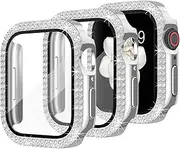 (3 Pack) T Tersely Crystal Diamond Bling Case for Apple Watch Series 8/6/5/4/SE- 40mm/41mm/44mm with Tempered Glass Screen Protector,Rhinestone Protective Bumper Overall Coverfor iwatch 40mm/41mm/44mm (Sliver*3, 40MM)