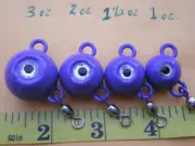 8 PCS. FLUKE EAR BALL JIGS PURPLE W/SILVER EYE/#3 SWIVEL 3,2,1-1/2,1 OZ. 2 EA.