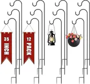 Shepherds Hooks for Outdoor 35Inch Garden Bird Feeder Pole with 2 Prongs Base Adjustable for Hanging Flower Basket Plant Pot Solar Lantern Light Wind Chime Hanger for Wedding Decor 12 Pack