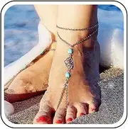 [Inilbran] Boho Turquoise Barefoot Sandals Anklet Silver Turquoise Toe Link Ankle Bracelet Layered Turquoise Chain Anklet Vintage Turquoise Anklet Foot Chain Jewelry for Women and Girls