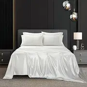 ForZzz 2000TC 4 Pieces Art Silky Satin AU Size Bedding Sheet Set/Silk Satin Pillowcase Fitted Flat Sheet Set/Deep Pocket Luxury Stain-Resistant Wrinkle Free (King Single,White)