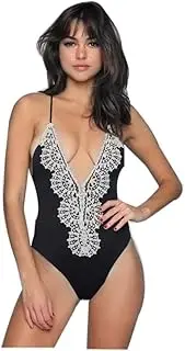 [HOPEA] Women Sexy Deep-V Neck Lace Flower Decoration Crochet Backless Straps One Piece Swimsuit Push Up Padded Bikini Monokini Swimwear Beachwear