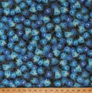 Cotton Peacocks Feathers Blue Gold Metallic Black Fabric Print by Yard D786.05