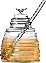 500 ml Glass Honey Jar with Dipper, Clear Glass Honey Dispenser, Cute Glass Honey Pot with Lid, Large Capacity Syrup Dispenser, Multipurpose Honey Container for Home Kitchen