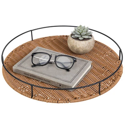 MyGift 15 Inch Round Rustic Woven Rattan Serving Tray with Black Metal Frame