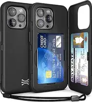 TORU CX Slim for iPhone 15 Pro Case Wallet | Protective Shockproof Heavy Duty Cover with Hidden Card Holder & Card Slot | Mirror & Wrist Strap Included - Black