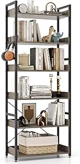 Giantex 6-Tier Bookshelf, Storage Rack w/ 4 Hooks, Open Display Shelves, Metal Frame Display Wooden Shelves, Vintage Standing Display Rack for Living Room, Bedroom, Balcony, Kitchen