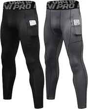[LNJLVI] 2 Pack Men's Compression Pants with Phone Pockets Base Layer Tights Workout Running Leggings