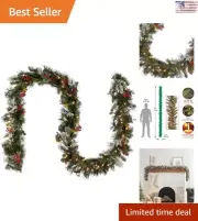 Exquisite Ornate Christmas Garland - Wintry Pine - 9 Feet - White Lights