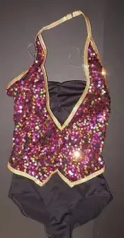 NWT Sequin Vested Clear Strap leotard Dapper Tap Jazz Dance Costume Ch/Ladies sz