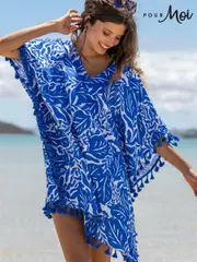 Pour Moi Blue Double Cloth Fringe Trim 100% Cotton Kaftan (H17185) | $90