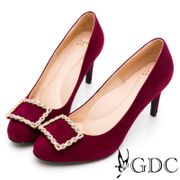 GDC-綺麗真皮質感水鑽方釦高跟鞋-酒紅色