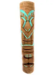 Limited Edition Happiness Outdoor Tiki Totem 40"Teal Trim - Smiley Tiki Natural