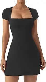 [Hotexy] Womens Tennis Dress Bodycon Mini Dresses with Built-in Bra & Shorts Pockets Tummy Control Athletic Dress for Golf, Black, L