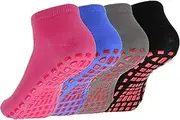 [Moliwulong] 4 Pairs Non Slip Yoga Pilates Socks, Anti-Slip Yoga Socks for Women&Men with Grips Anti Non Slip Slipper Socks for Ballet, Barre, Pilates, Hospital, Home, Black, Gray, Pink, Purple, 3-10