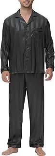 [ZUEVI] Men's Stain Pajamas set Classic Silk like Sleepwear Set Button-Down Loungwear Pj Sets