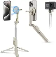 KIWIFOTOS Magnetic Tripod for iPhone MagSafe Selfie Stick for iPhone 16 15 14 Pro Max with Detachable Remote for Travel Selfie Vlogging Video Portable Smartphone Tripod (Beige)