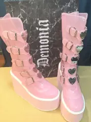 DEMONIA Pink Lovesick Clear Vinyl Rave Platform Boots Sz-10 Trinity Festival EDM