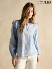 Joules Soraya Blue & Yellow Embroidered Chambray Blouse (E82435) | $150