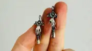 Sterling Silver Earrings. Cast Hand and Monte Alban Bells. 2587