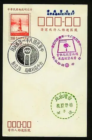 ///李仔糖明信片*民國80年明信片台中臨時郵局戳=民國81年資訊月紀念戳(s685-5)