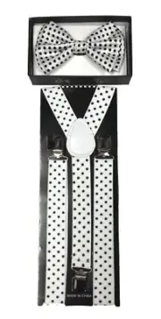 White Black Polka Dot Clip on Bow-Tie & Suspender Set Tuxedo Wedding Formal