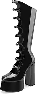[Z.Oufeier] Women's Gothic Lolita High Chunky Block Heel Platform Knee High Boots Buckle Strap Patent Leather Heeled Long Boots Wide Calf