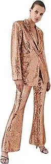 [Zadaos] Women's Two Piece Pants Sets Long Sleeved Gold Sequins V-Neck Blazer Coat + Flare Pants Suits
