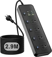 Power Board 3250W with Individual Switch,10-in-1 Power Strip with 4 AC Outlets, 6USB Ports(4 USB C) Surge Protector Powerboard, 2.9M Extension Cord Power Strip,Wall Mount for Home Office (Black)